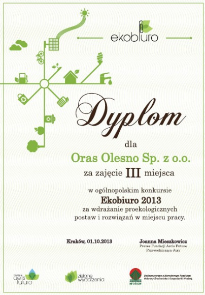 Oraz z nagrodą w konkursie Ekobiuro 2013