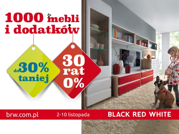 W Black Red White 1000 mebli i dodatków do 30% taniej oraz 30 rat 0% Dom, LIFESTYLE - W Black Red White trwają jesienne promocje. W dniach 2-10 listopada 1000 mebli i dodatków zakupić można do 30% taniej. Osoby, które dokonają w tym czasie zakupów, mogą również skorzystać z okazji rozłożenia płatności na 30 rat 0%.