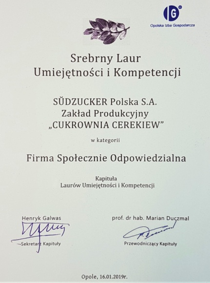Cukrownia Cerekiew nagrodzona Srebrnym Laurem Umiejętności i Kompetencji Rolnictwo, BIZNES - Cukrownia Cerekiew została nagrodzona Srebrnym Laurem Umiejętności i Kompetencji w kategorii Firma Społecznie Odpowiedzialna. Nagrody przyznawane przez Opolską Izbę Gospodarczą zostały wręczone podczas uroczystej gali, która odbyła się w Filharmonii Opolskiej.