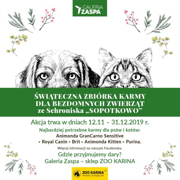 Świąteczna zbiórka karmy w Galerii Zaspa Zwierzęta, LIFESTYLE - Zima zbliża się wielkimi krokami. To szczególnie trudny okres dla zwierząt przebywających w schroniskach. Jednak każdy z nas może im pomóc. Wystarczy wziąć udział w Świątecznej Zbiórce Karmy, która odbędzie się w Galerii Zaspa.