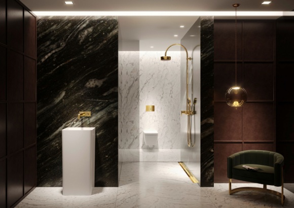 #TREND: Łazienka na wagę złota Dom, LIFESTYLE - Po latach popularności minimalistycznych aranżacji nadszedł czas na zmiany. Do przestrzeni sanitarnych wkraczają złote akcenty.